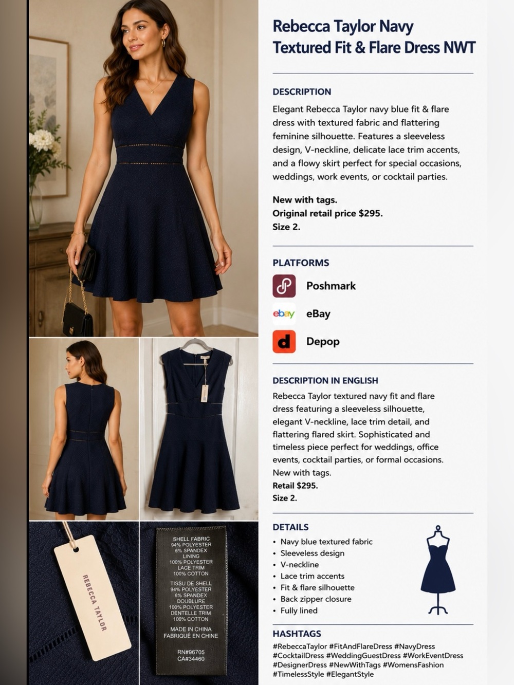 Rebecca Taylor Navy Textured Fit & Flare Dress NWT